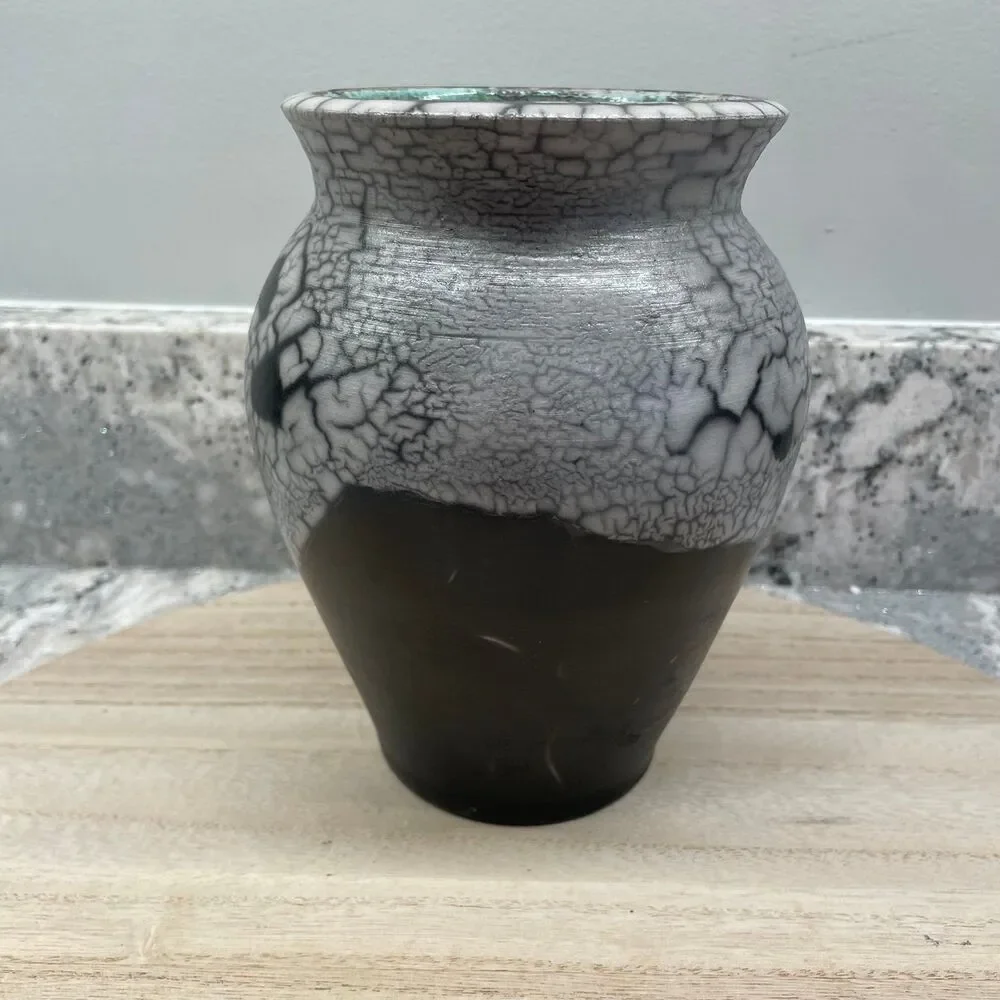 Hand Crafted Studio Pottery Signed PAM Raku Crackles Glaze  Black Gray Vase